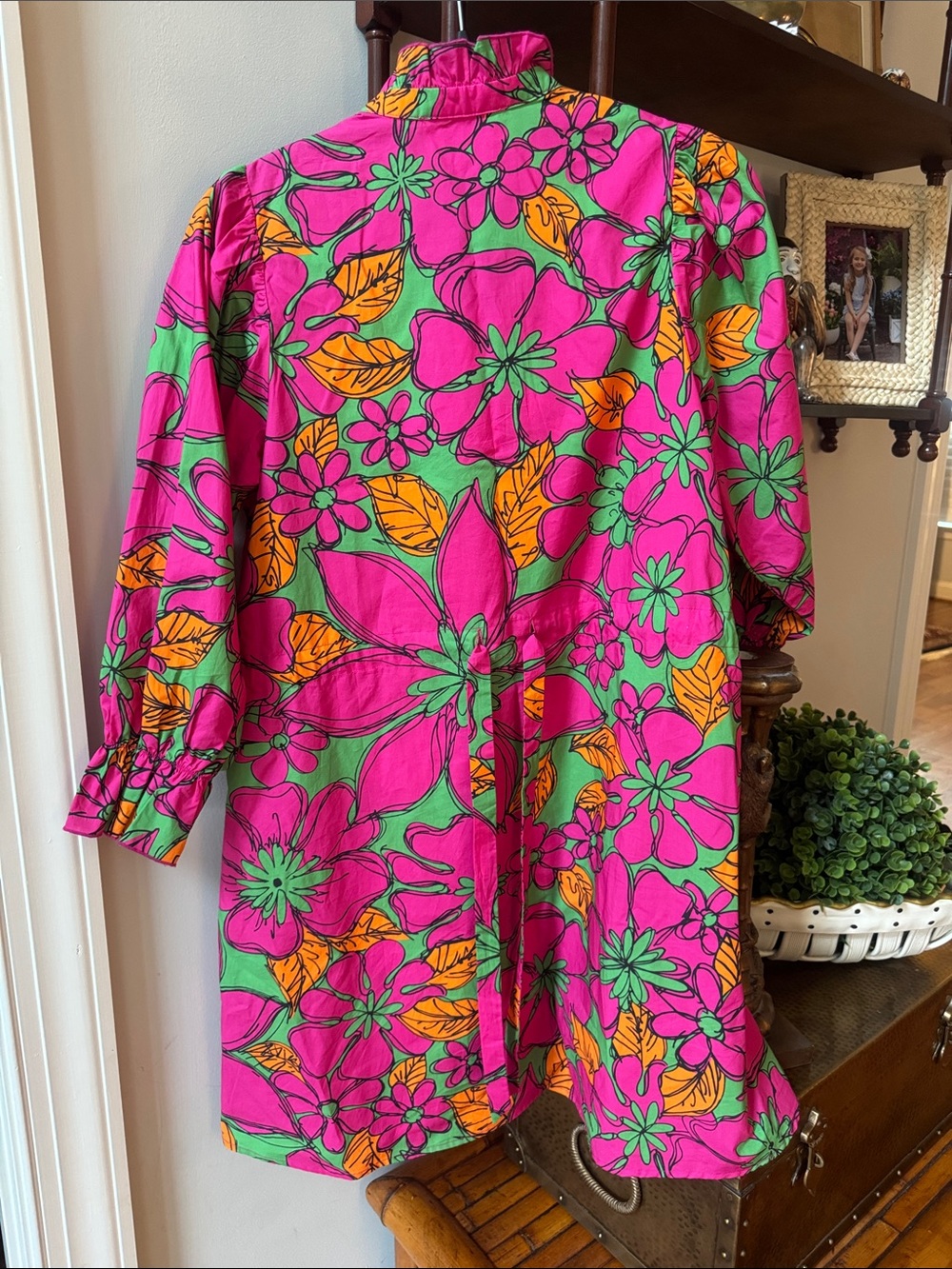 Flora Bea NYC built in cinched waist line floral pink and green and orange - Picture 3 of 4